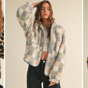 Miou Muse Multi Color Cozy Checkered Teddy Jacket Gray, Cream, Tan, Green Small